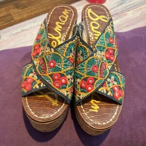 Sam Edelman embroidered slides cork wedge size 7